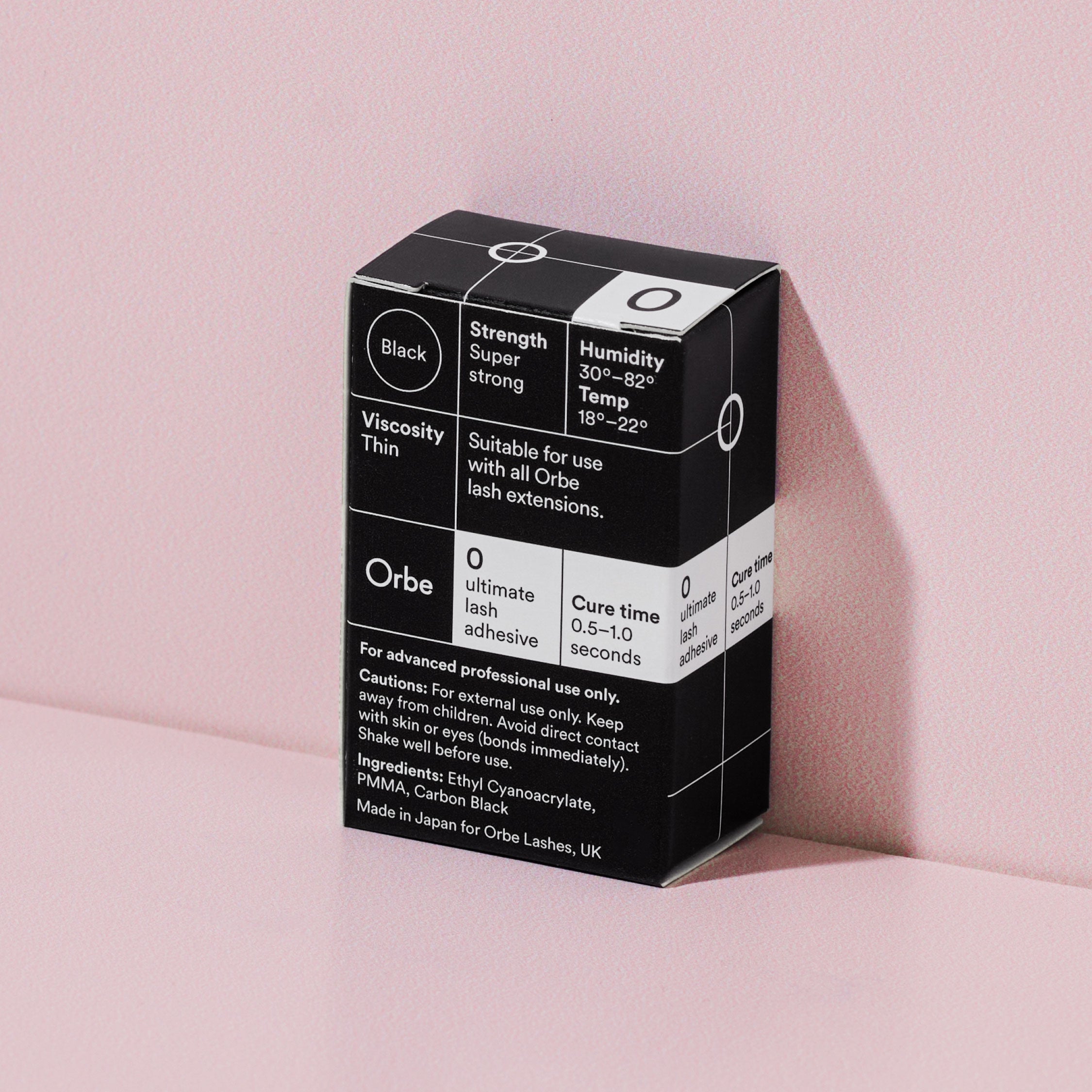 Orbe Ultimate 0 eyelash adhesive for professionals image with box revealing ingredients. PureForm.